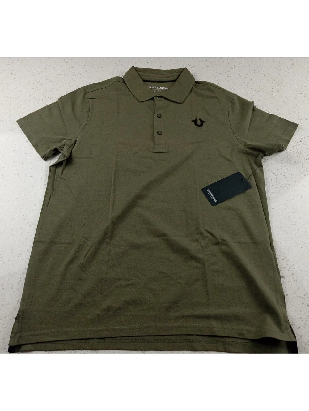 True Religion Polo Shirt Mens Small Olive Green Black Horseshoe Logo NWT S